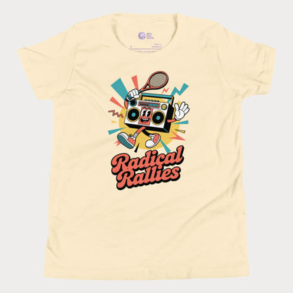 Radical Rallies retro tennis t-shirt with vintage font and boombox character