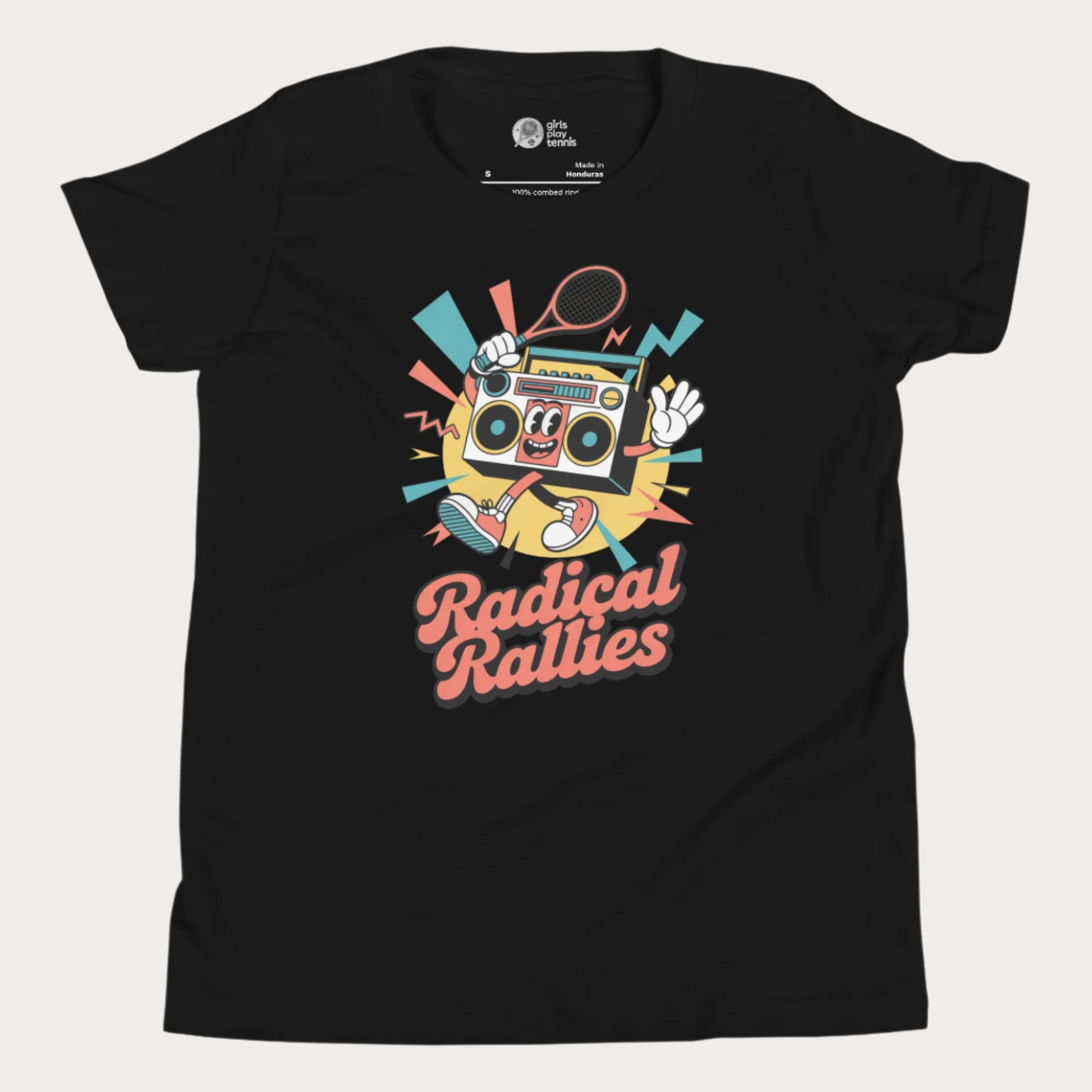 Radical Rallies retro tennis t-shirt with vintage font and boombox character