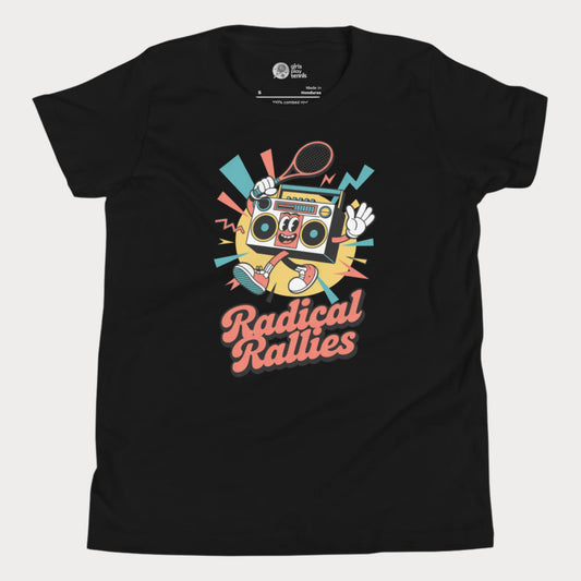 Radical Rallies retro tennis t-shirt with vintage font and boombox character