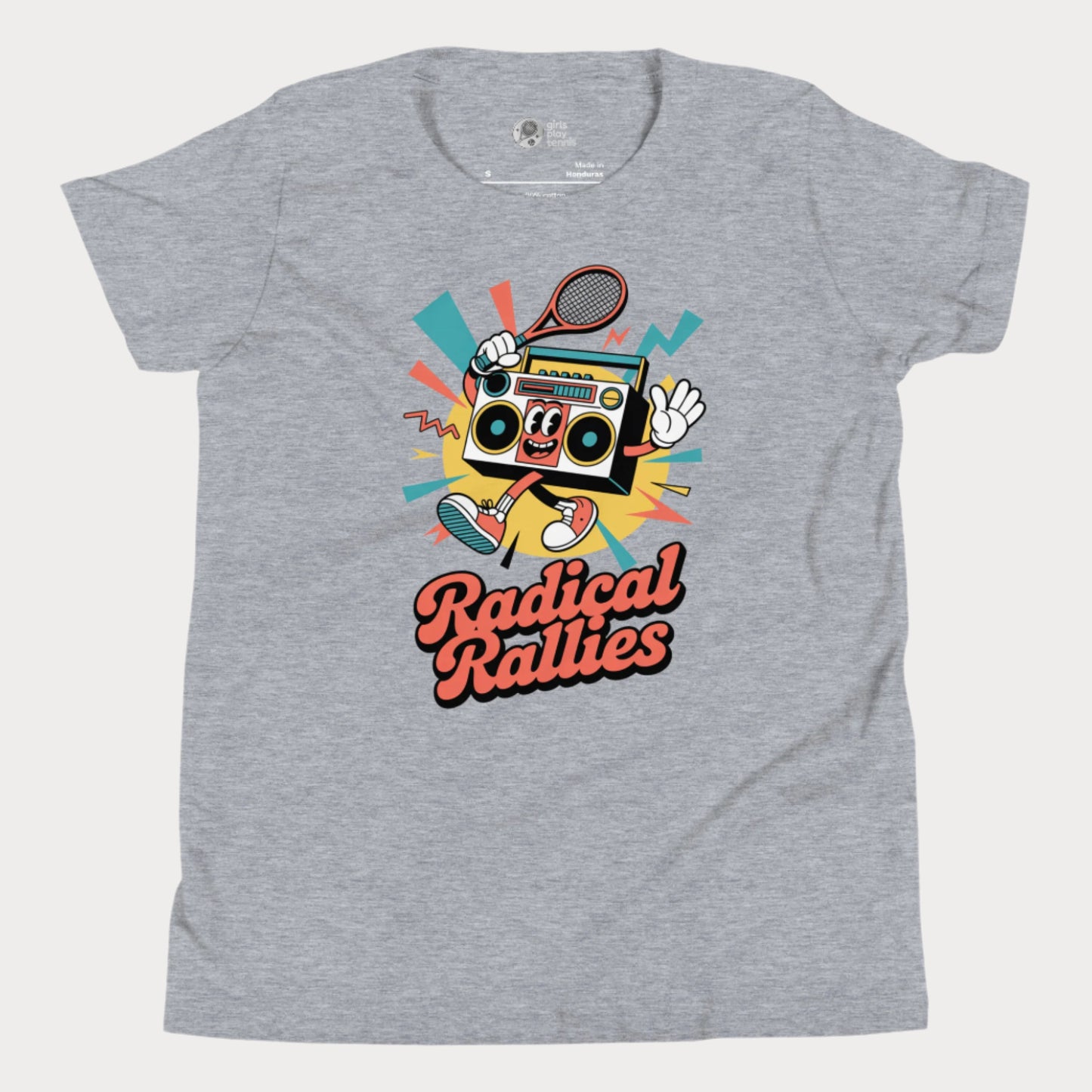 Radical Rallies retro tennis t-shirt with vintage font and boombox character