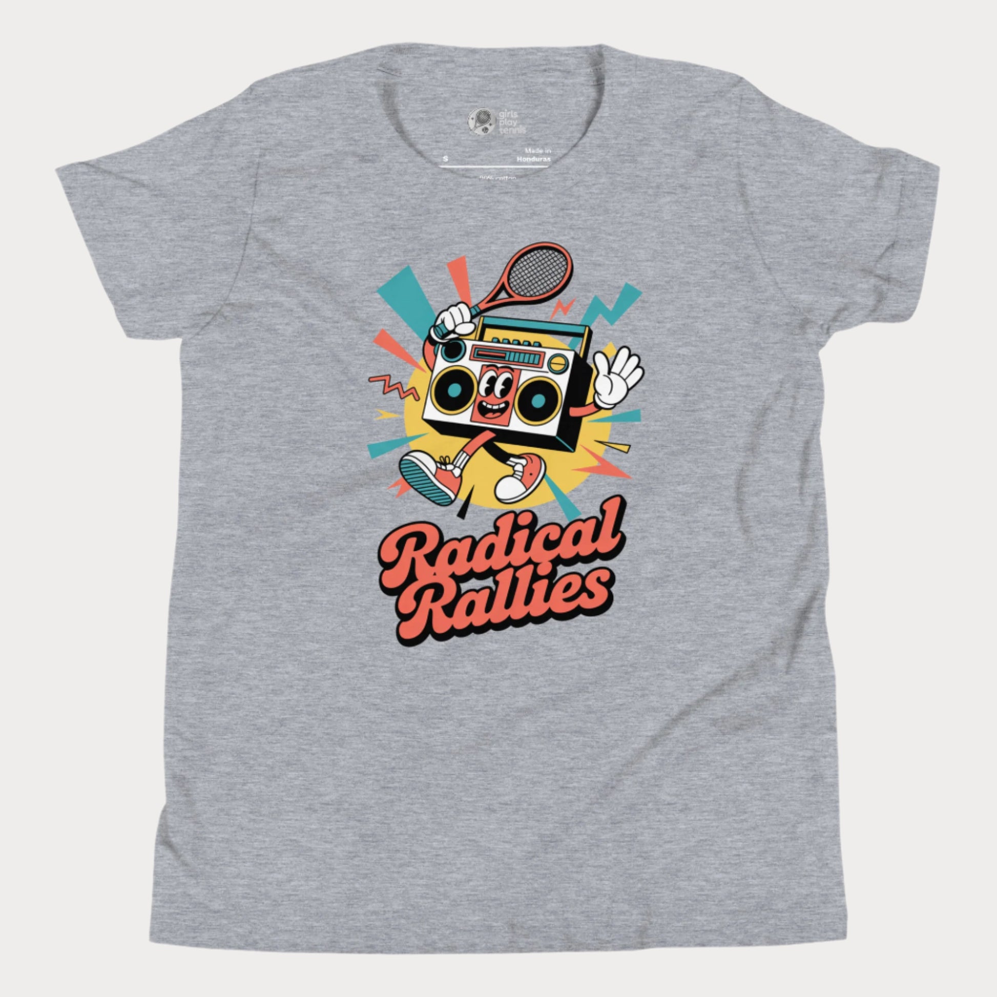 Radical Rallies retro tennis t-shirt with vintage font and boombox character