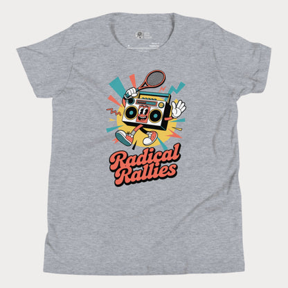 Radical Rallies retro tennis t-shirt with vintage font and boombox character