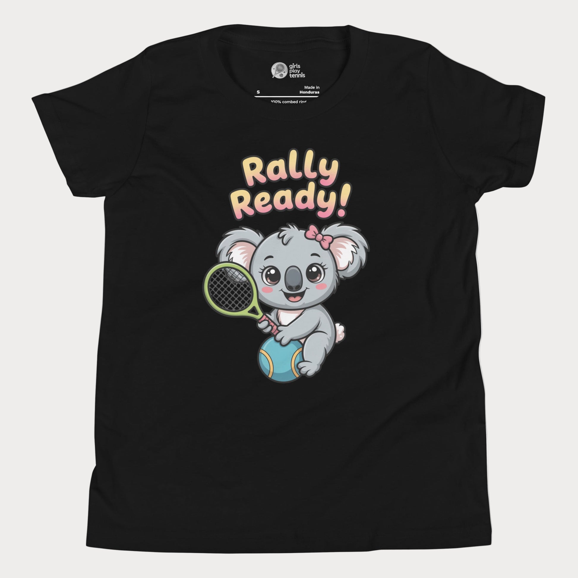 Rally Ready kids tennis t-shirt with cute koala holding racket for toddlers and youth.