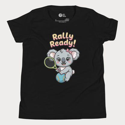 Rally Ready kids tennis t-shirt with cute koala holding racket for toddlers and youth.