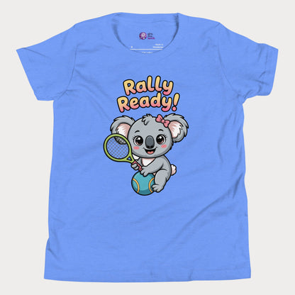 Rally Ready kids tennis t-shirt with cute koala holding racket for toddlers and youth.