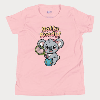 Rally Ready kids tennis t-shirt with cute koala holding racket for toddlers and youth