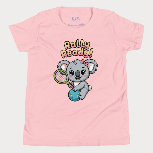 Rally Ready kids tennis t-shirt with cute koala holding racket for toddlers and youth