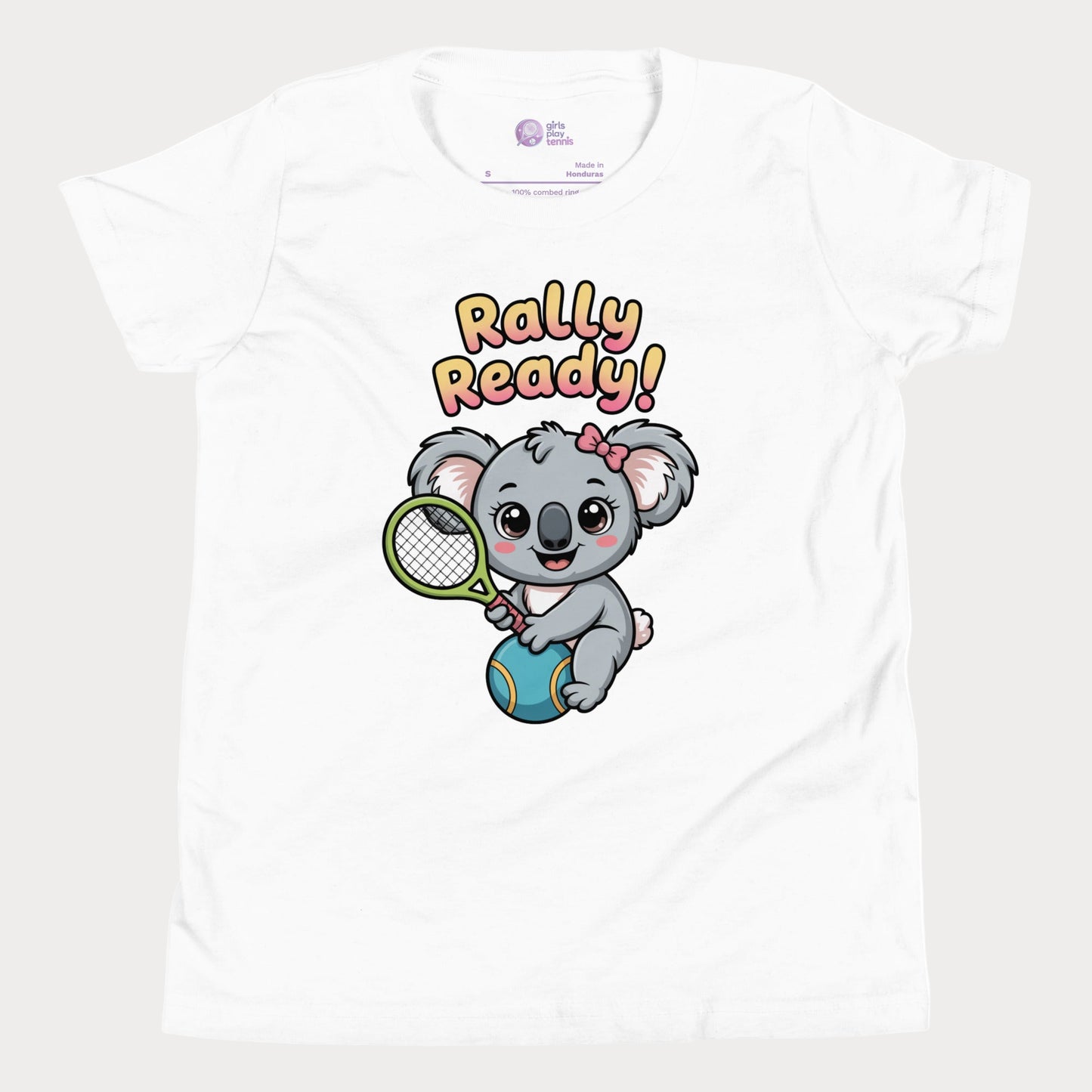 Rally Ready kids tennis t-shirt with cute koala holding racket for toddlers and youth.
