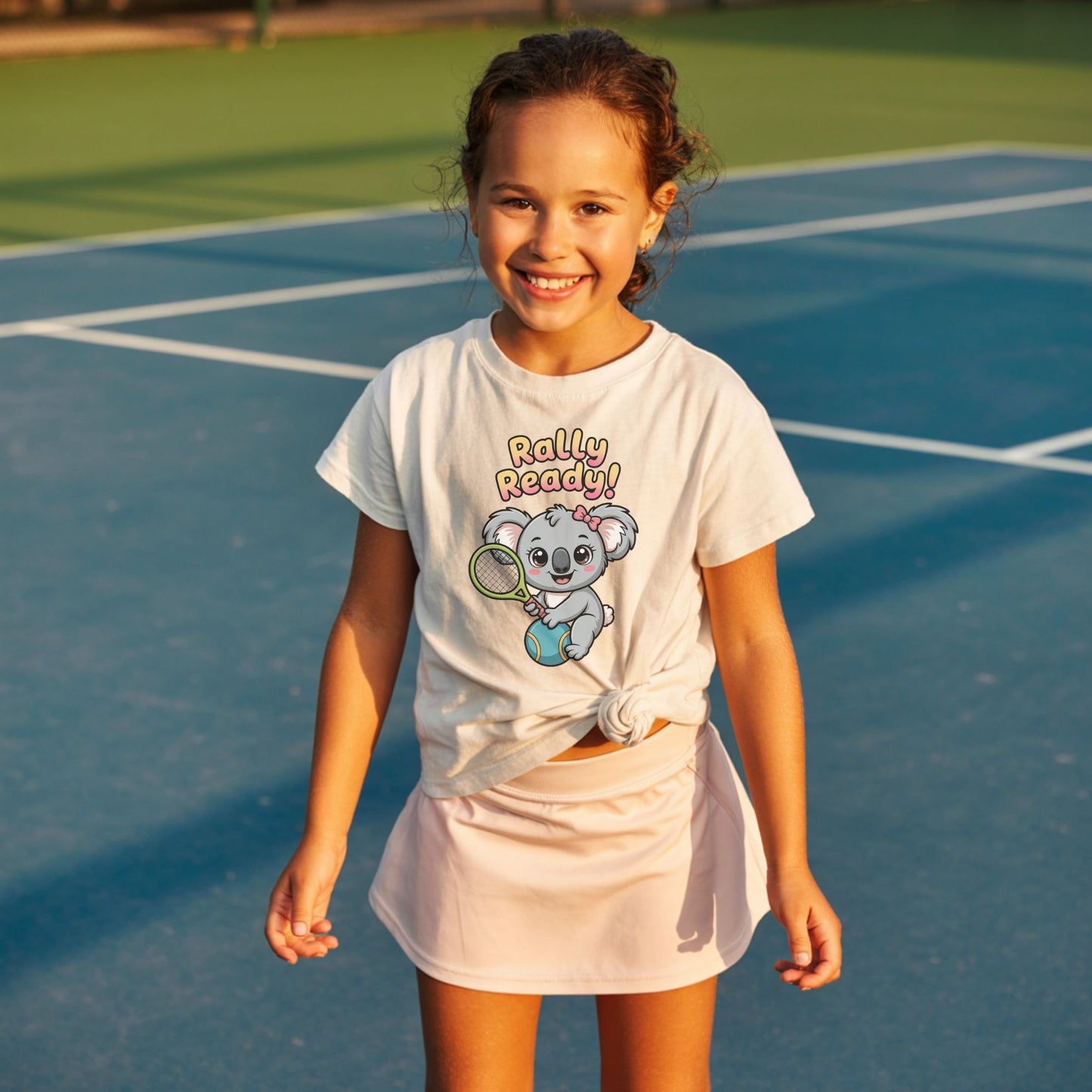 Young girl on a tennis court, wearing Rally Ready kids tennis t-shirt with cute koala holding racket for toddlers and youth.