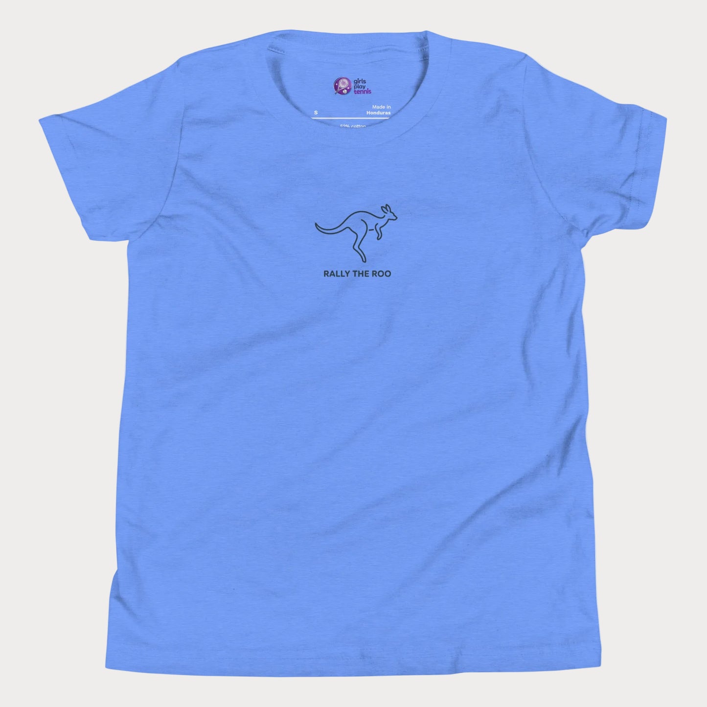 Minimalist kangaroo tennis t-shirt for adults and youth with Rally the Roo design