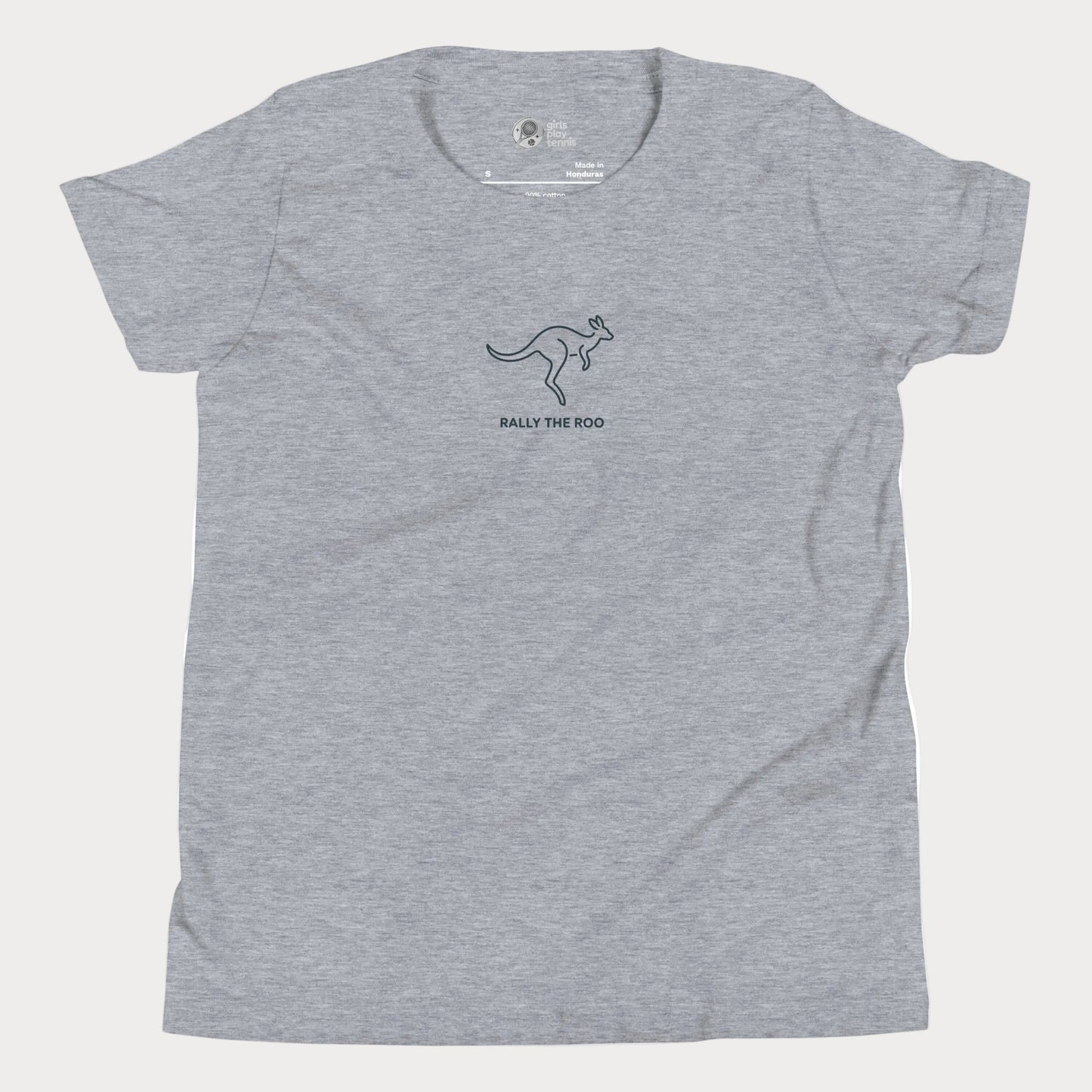 Minimalist kangaroo tennis t-shirt for adults and youth with Rally the Roo kagaroo design