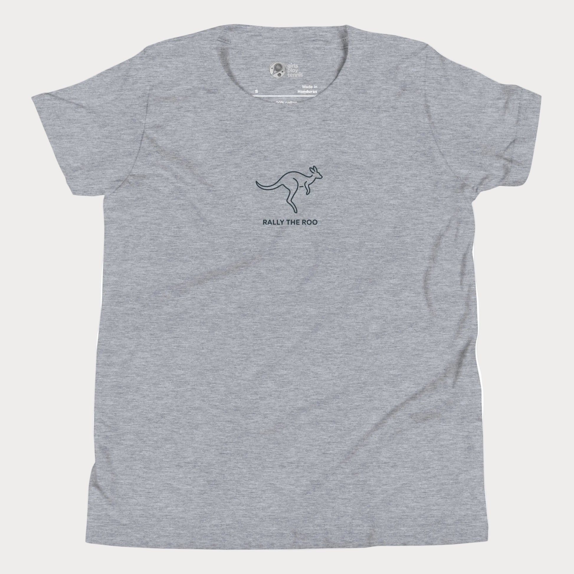 Minimalist kangaroo tennis t-shirt for adults and youth with Rally the Roo kagaroo design