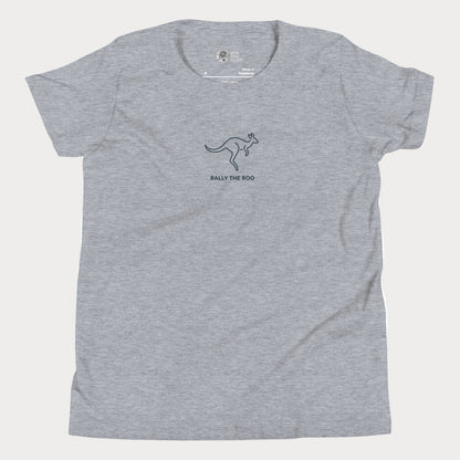 Minimalist kangaroo tennis t-shirt for adults and youth with Rally the Roo kagaroo design