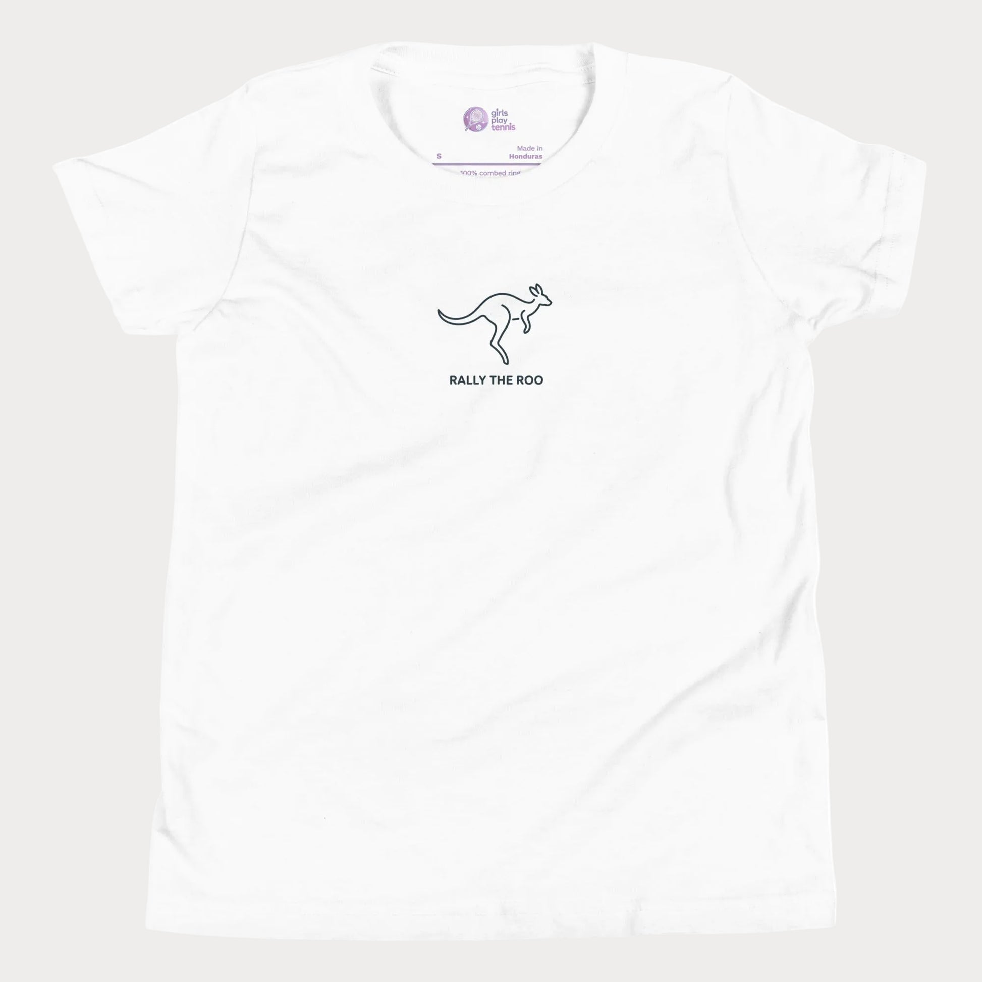 Minimalist kangaroo tennis t-shirt for adults and youth with Rally the Roo design.