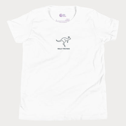 Minimalist kangaroo tennis t-shirt for adults and youth with Rally the Roo design.