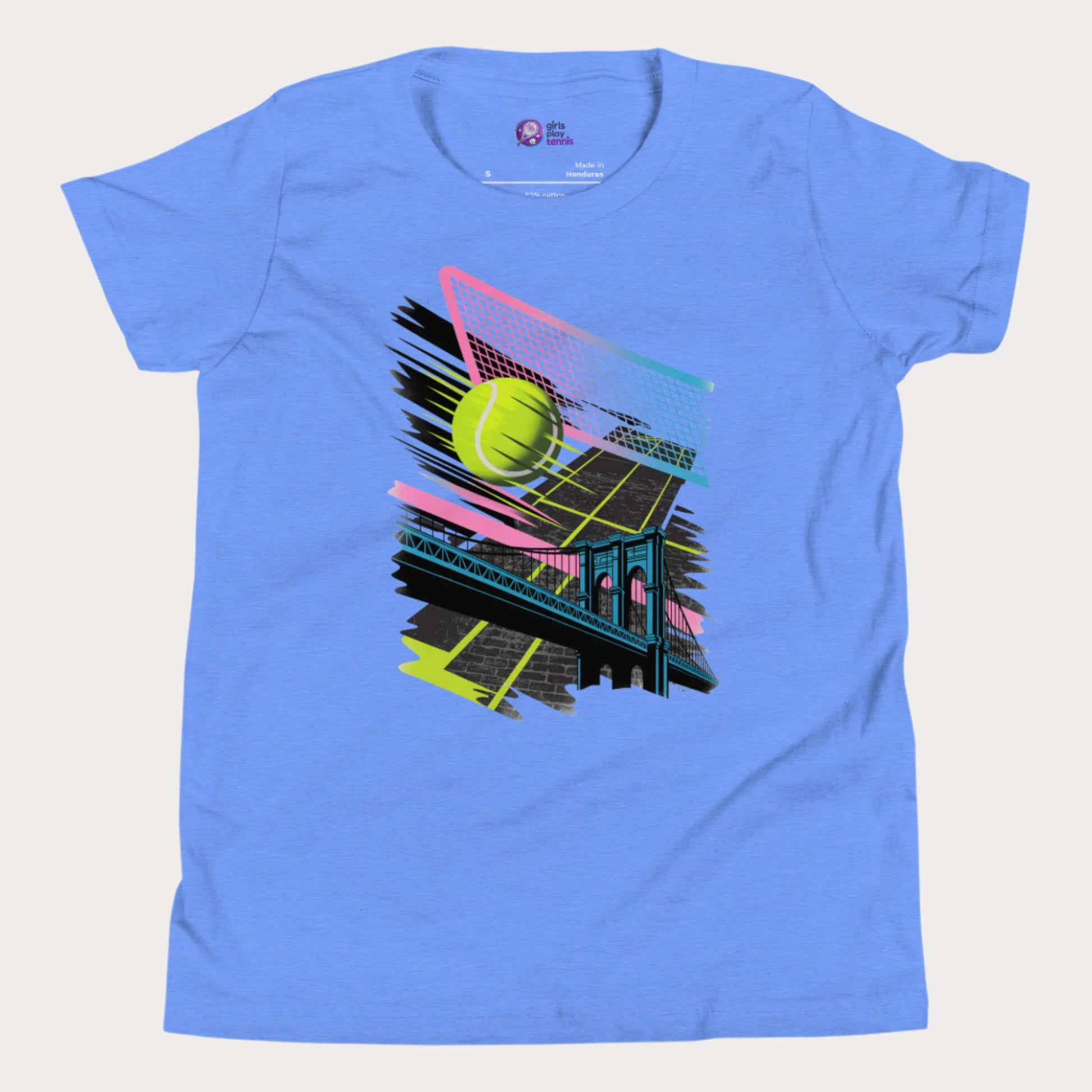 Girls blue tennis t-shirt with neon tennis ball and urban bridge design