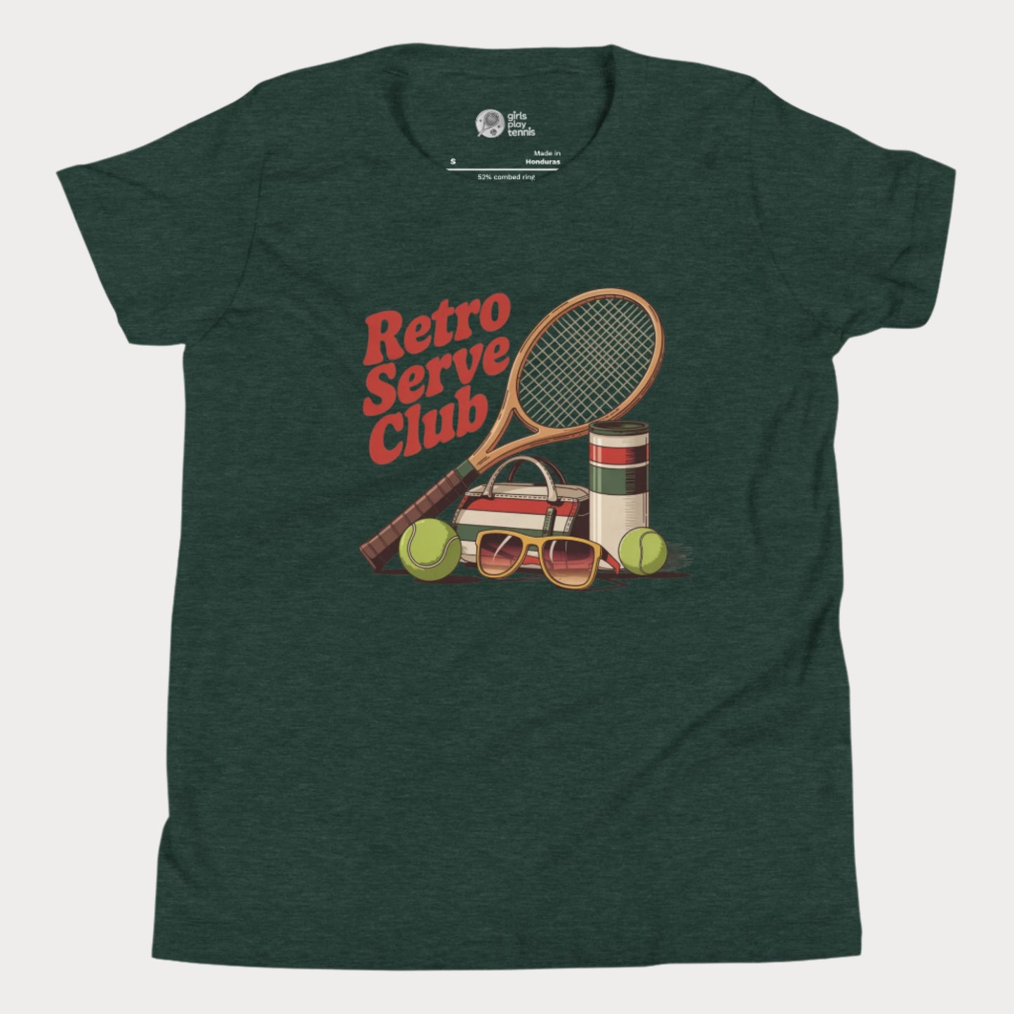 Girls tennis t-shirt design with retro tennis racket, sunglasses, and vintage-style accessories under the slogan Retro Serve Club