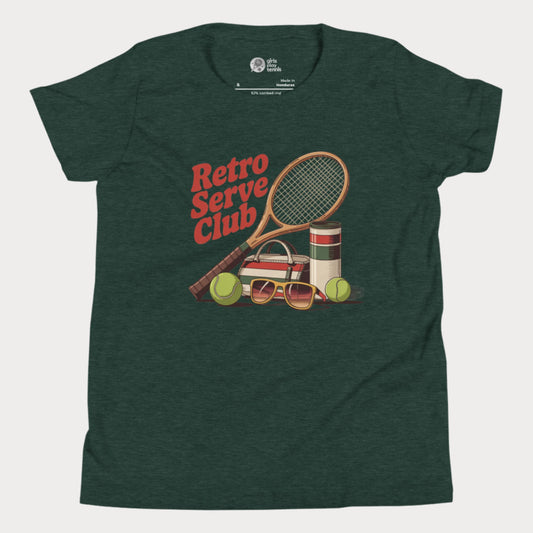 Girls tennis t-shirt design with retro tennis racket, sunglasses, and vintage-style accessories under the slogan Retro Serve Club