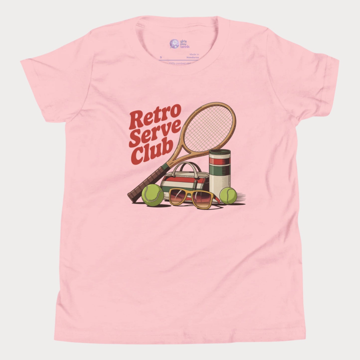 Girls tennis t-shirt design with retro tennis racket, sunglasses, and vintage-style accessories under the slogan Retro Serve Club. 