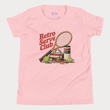 Girls tennis t-shirt design with retro tennis racket, sunglasses, and vintage-style accessories under the slogan Retro Serve Club. 