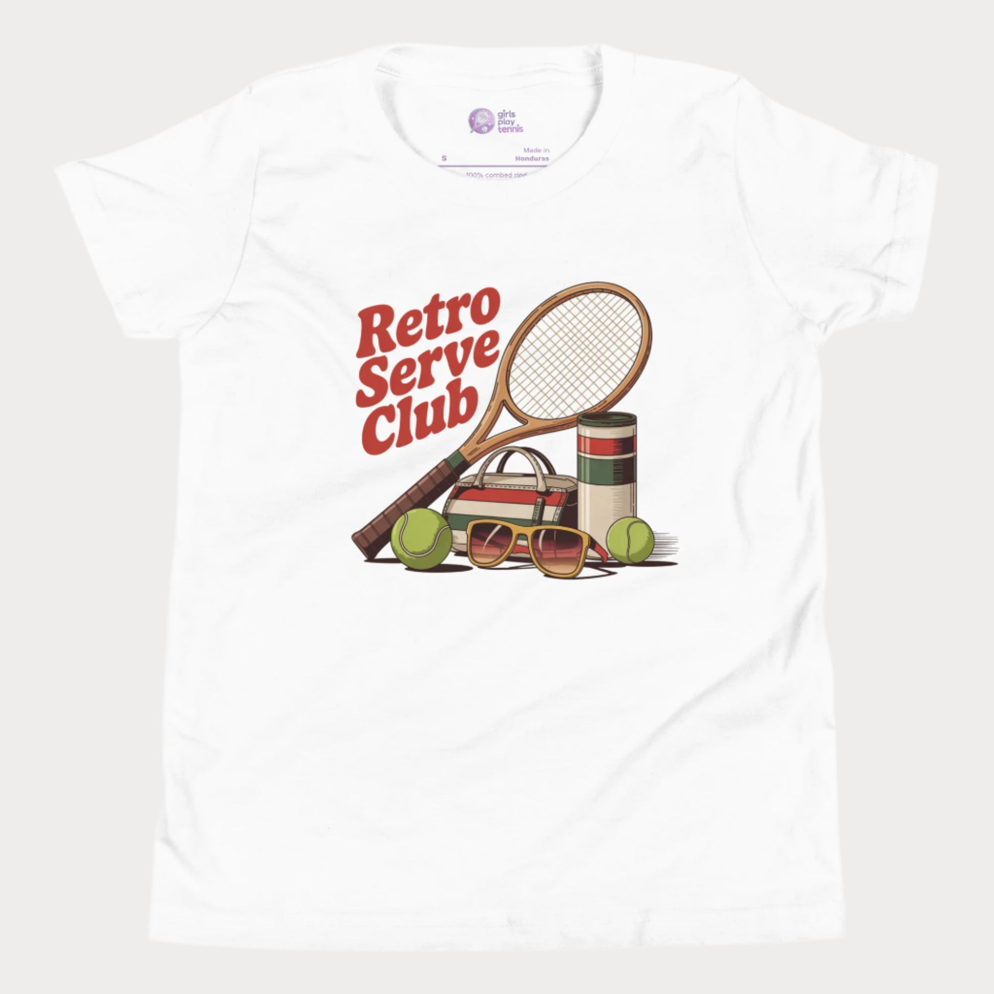 Girls tennis t-shirt design with retro tennis racket, sunglasses, and vintage-style accessories under the slogan Retro Serve Club
