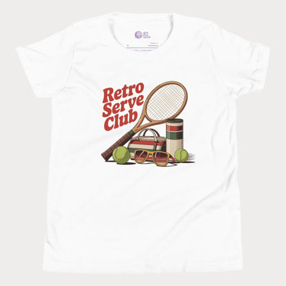 Girls tennis t-shirt design with retro tennis racket, sunglasses, and vintage-style accessories under the slogan Retro Serve Club