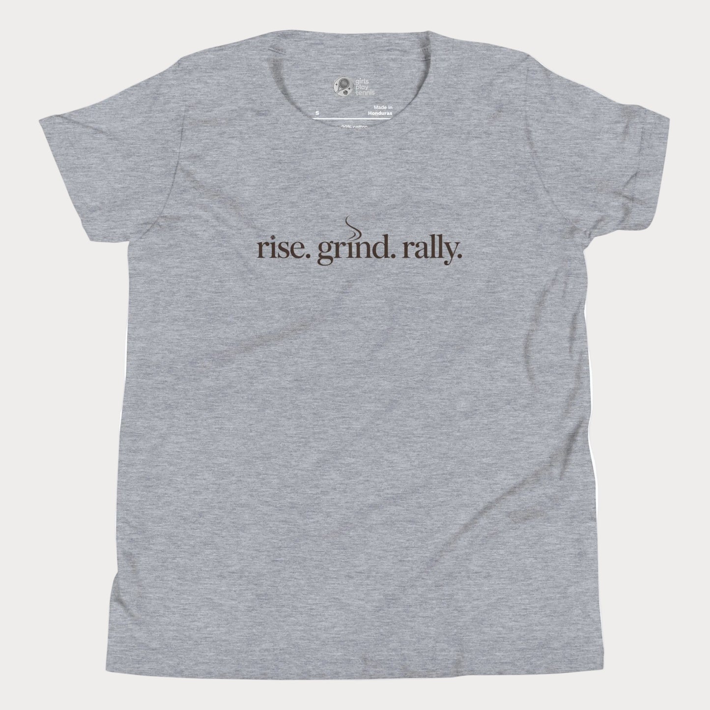 Grey tennis t-shirt with Rise Grind Rally slogan across the chest – Girls Play Tennis apparel.