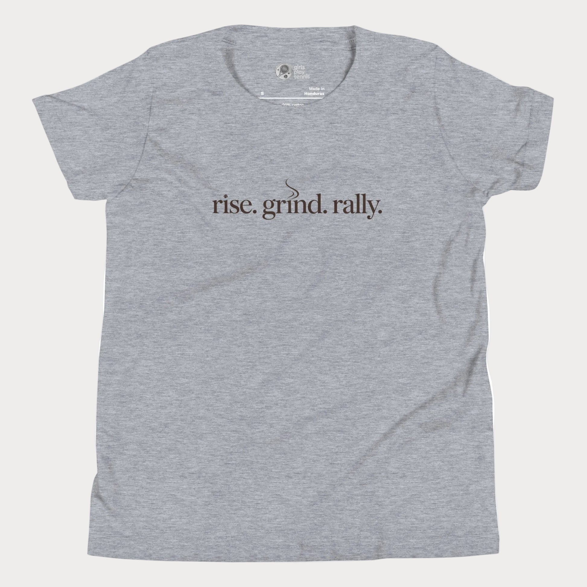 Grey tennis t-shirt with Rise Grind Rally slogan across the chest – Girls Play Tennis apparel.