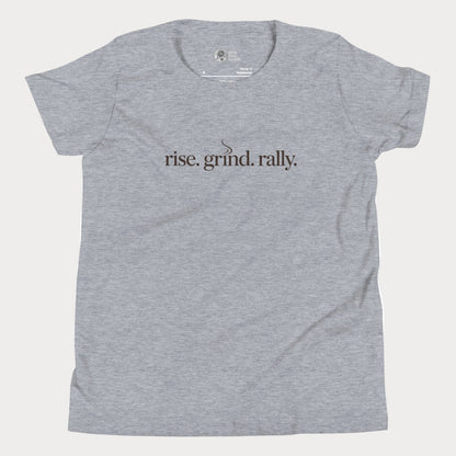 Grey tennis t-shirt with Rise Grind Rally slogan across the chest – Girls Play Tennis apparel.