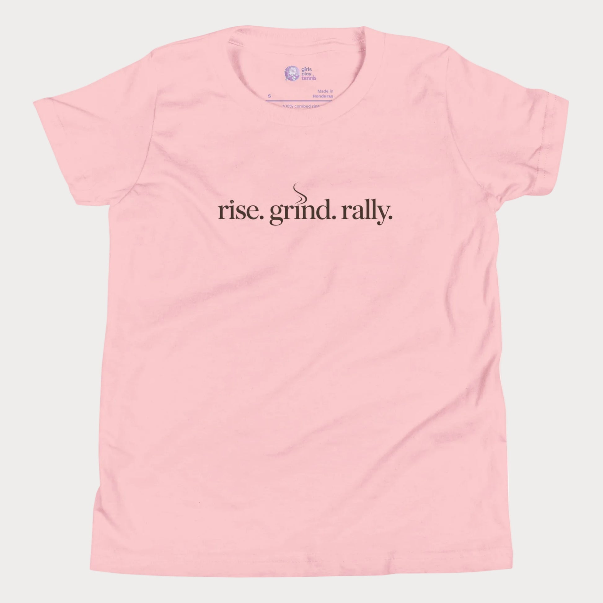 Pink tennis t-shirt with Rise Grind Rally slogan across the chest – Girls Play Tennis apparel