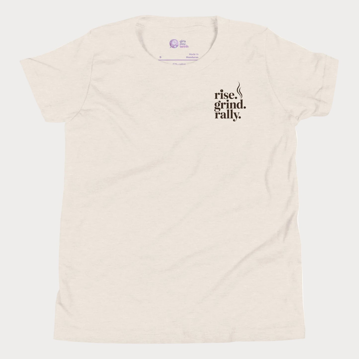 Beige tennis t-shirt with Rise Grind Rally pocket-print graphic – Girls Play Tennis apparel.