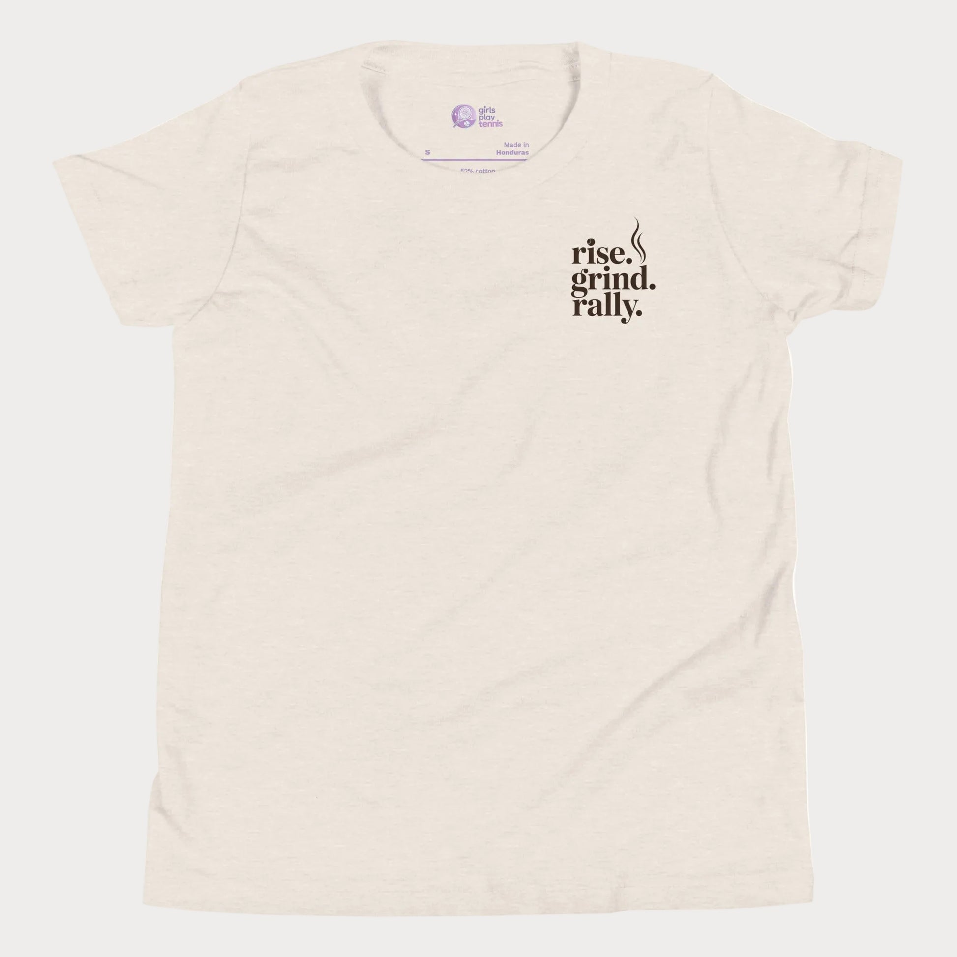 Beige tennis t-shirt with Rise Grind Rally pocket-print graphic – Girls Play Tennis apparel.