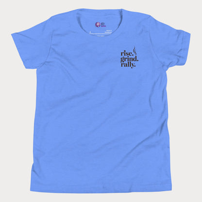 Blue tennis t-shirt with Rise Grind Rally pocket-print graphic – Girls Play Tennis apparel.