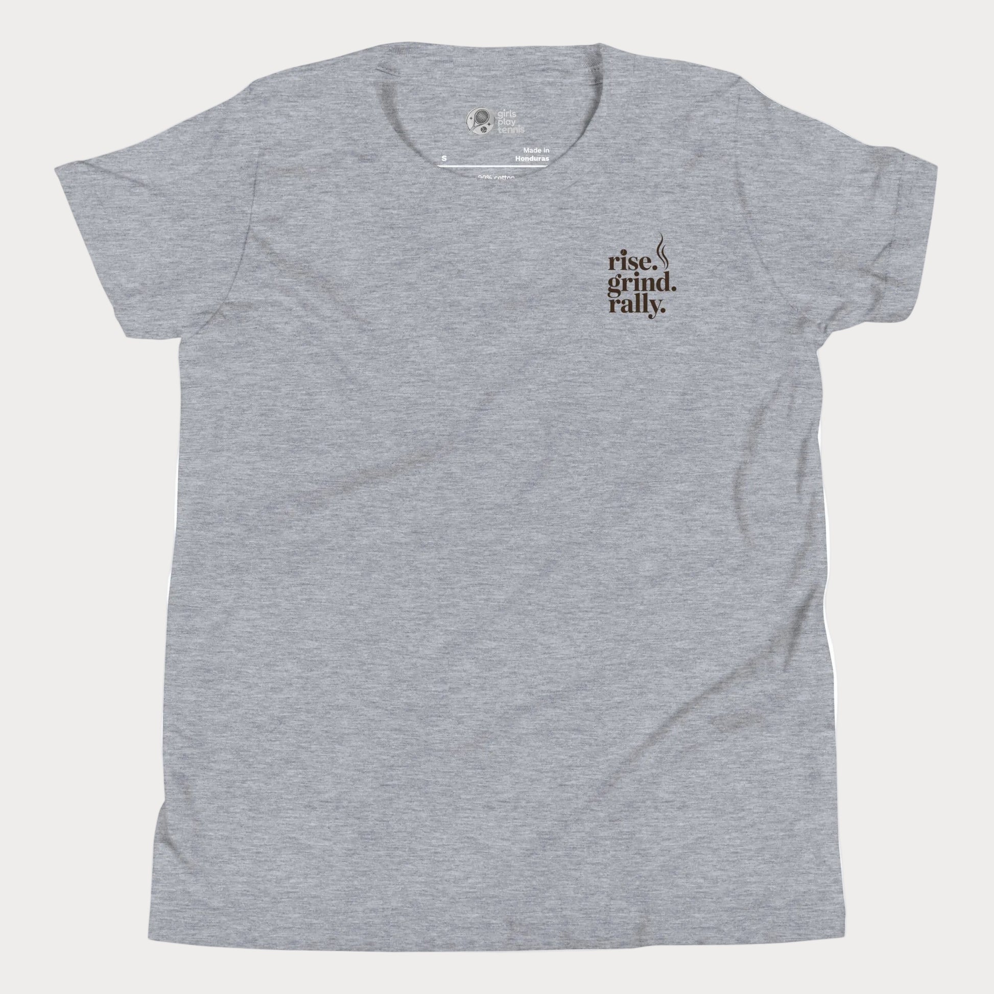 Grey tennis t-shirt with Rise Grind Rally pocket-print graphic – Girls Play Tennis apparel.