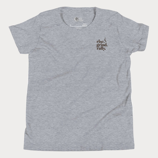 Grey tennis t-shirt with Rise Grind Rally pocket-print graphic – Girls Play Tennis apparel.