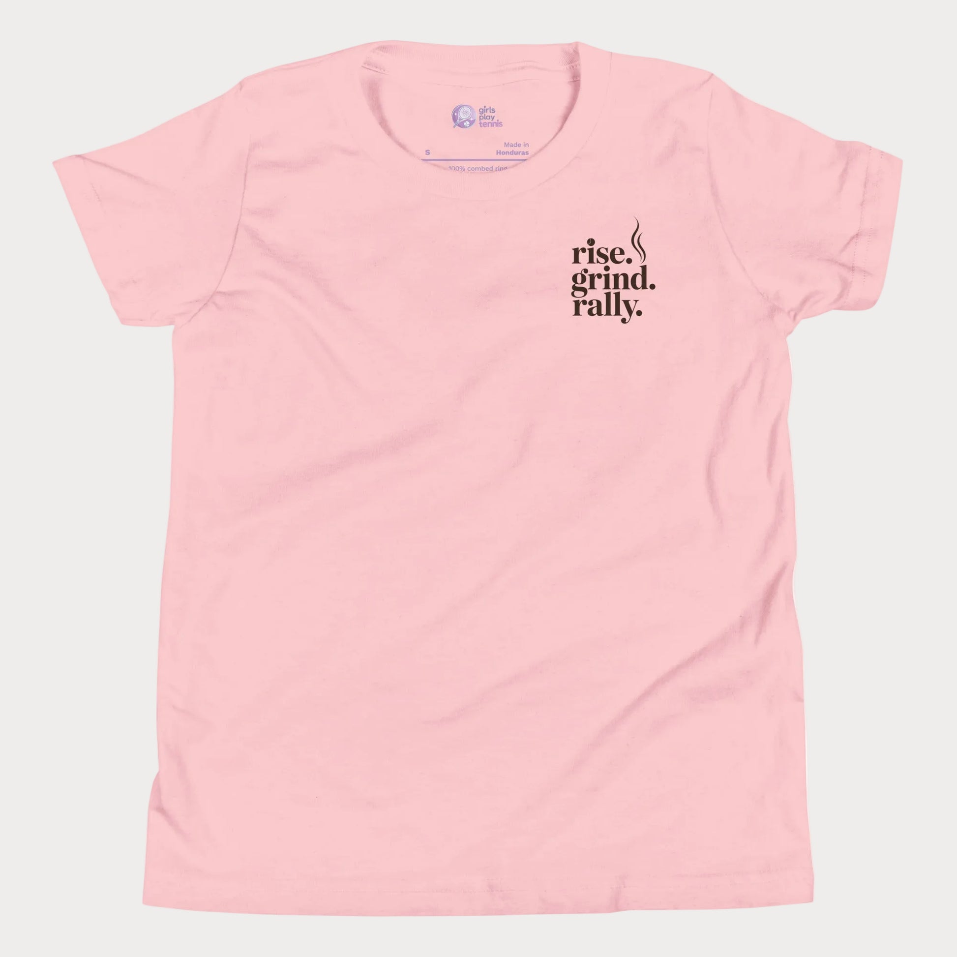 Pink tennis t-shirt with Rise Grind Rally pocket-print graphic – Girls Play Tennis apparel.