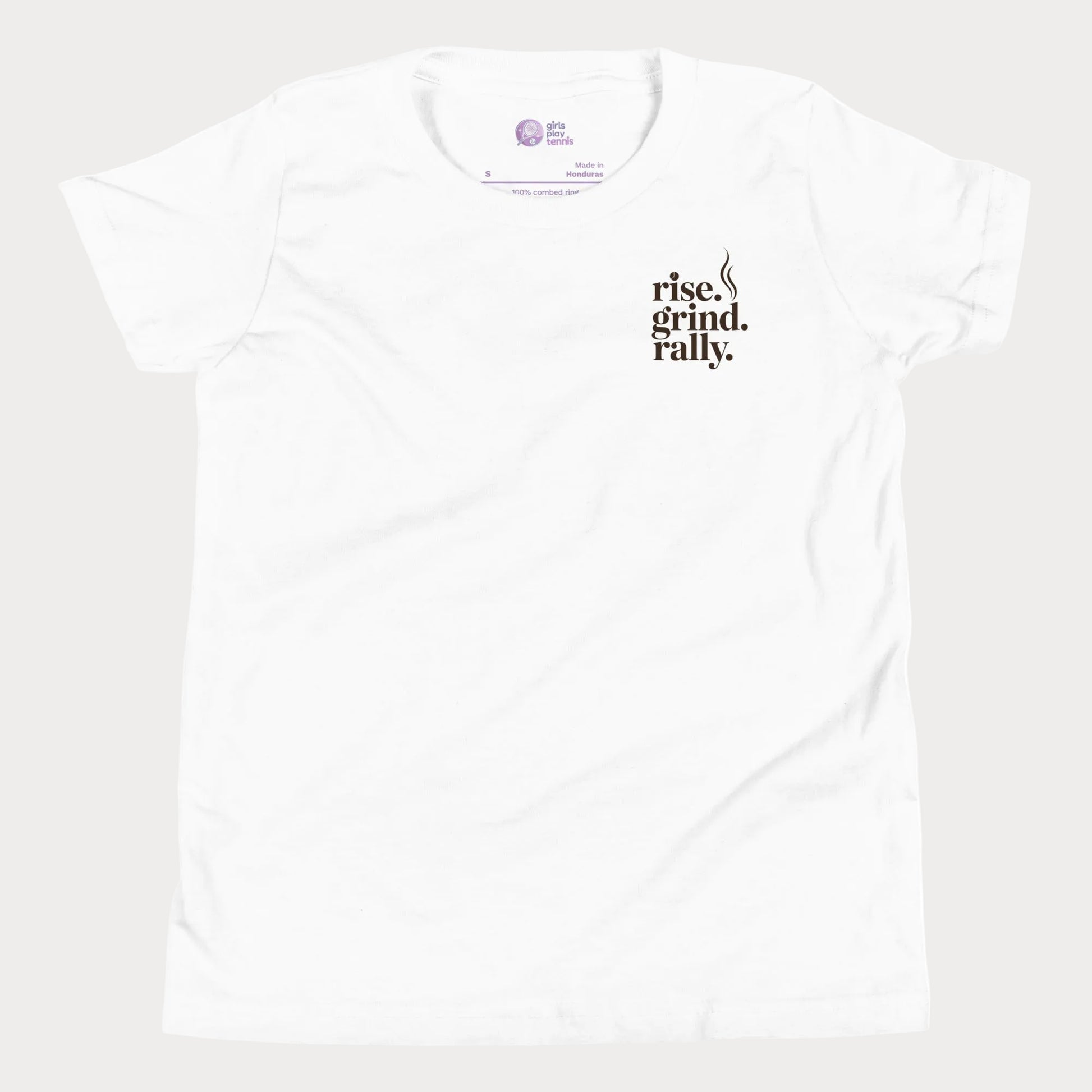 White tennis t-shirt with Rise Grind Rally pocket-print graphic – Girls Play Tennis apparel