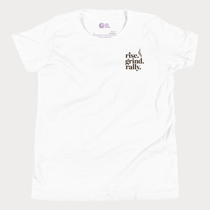 White tennis t-shirt with Rise Grind Rally pocket-print graphic – Girls Play Tennis apparel