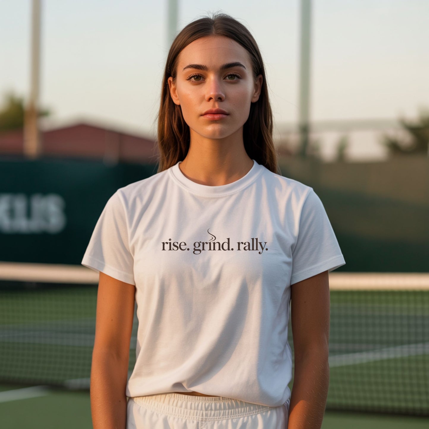 Young woman standing on a tennis court and wearing a white tennis t-shirt with Rise Grind Rally slogan across the chest – Girls Play Tennis apparel.