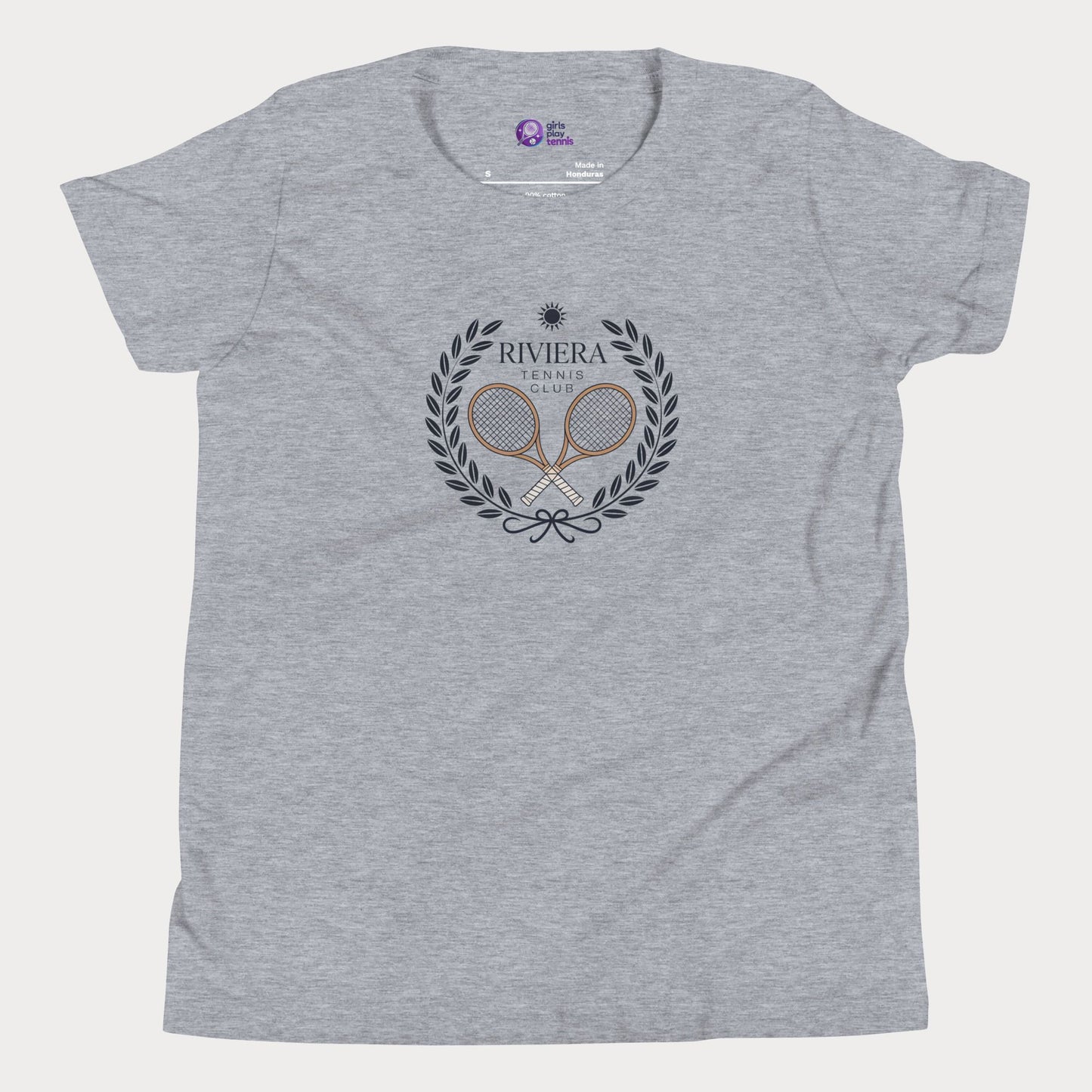Riviera Tennis Club girls and women’s tennis tee in athletic with laurel crest graphic premium cotton shirt