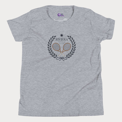 Riviera Tennis Club girls and women’s tennis tee in athletic with laurel crest graphic premium cotton shirt