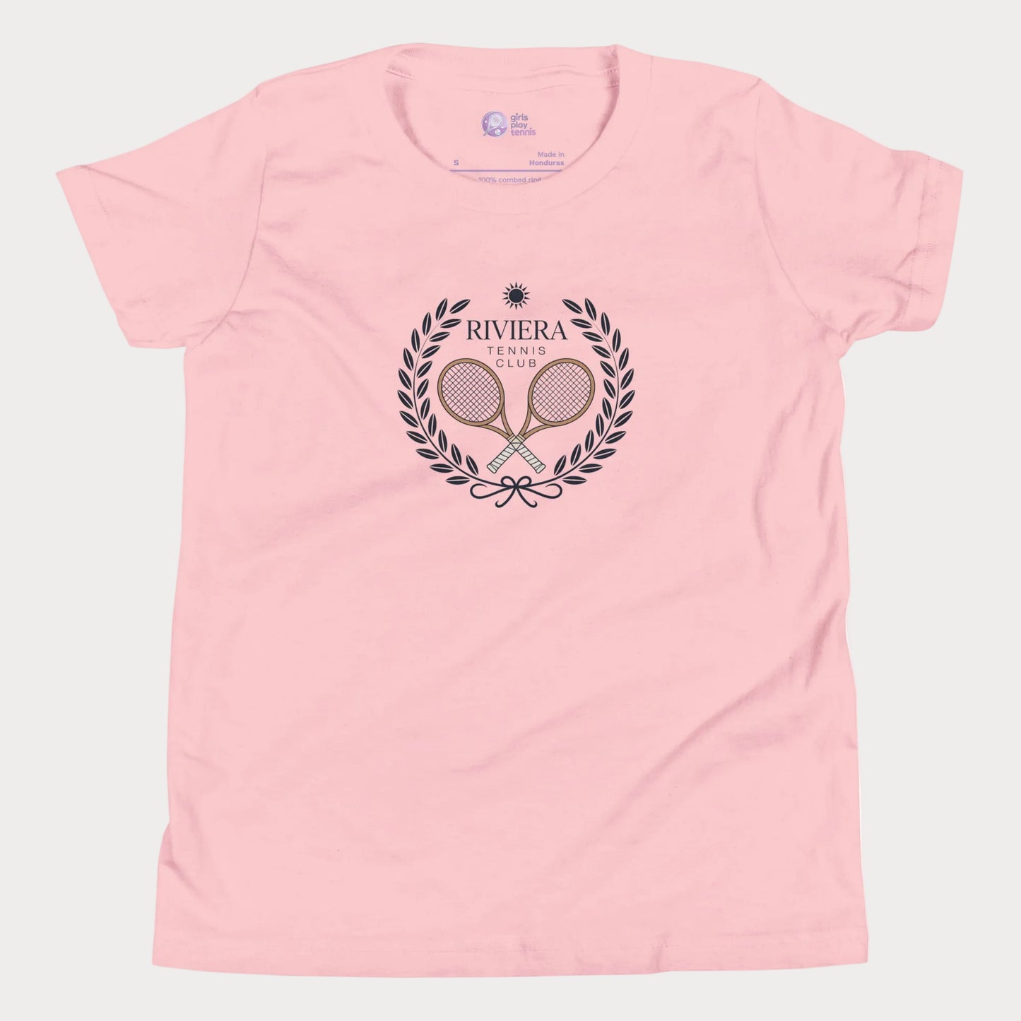 Riviera Tennis Club girls and women’s tennis tee in pink with laurel crest graphic premium cotton shirt