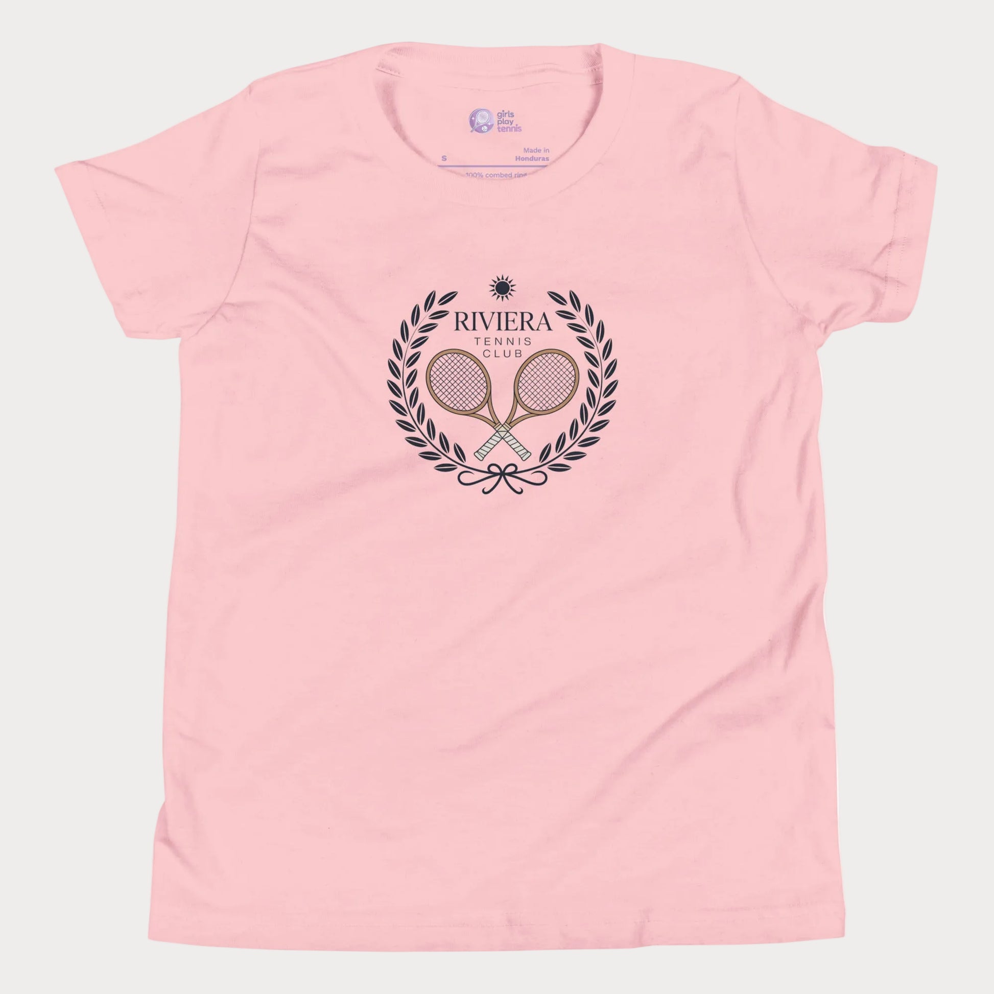 Riviera Tennis Club girls and women’s tennis tee in pink with laurel crest graphic premium cotton shirt