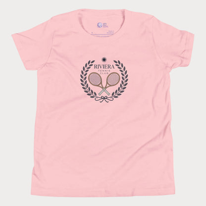 Riviera Tennis Club girls and women’s tennis tee in pink with laurel crest graphic premium cotton shirt