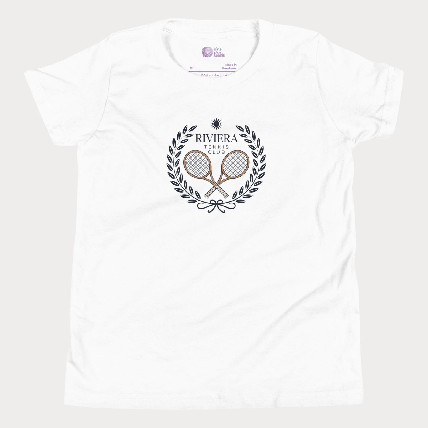 Riviera Tennis Club girls and women’s tennis tee in white with laurel crest graphic premium cotton shirt