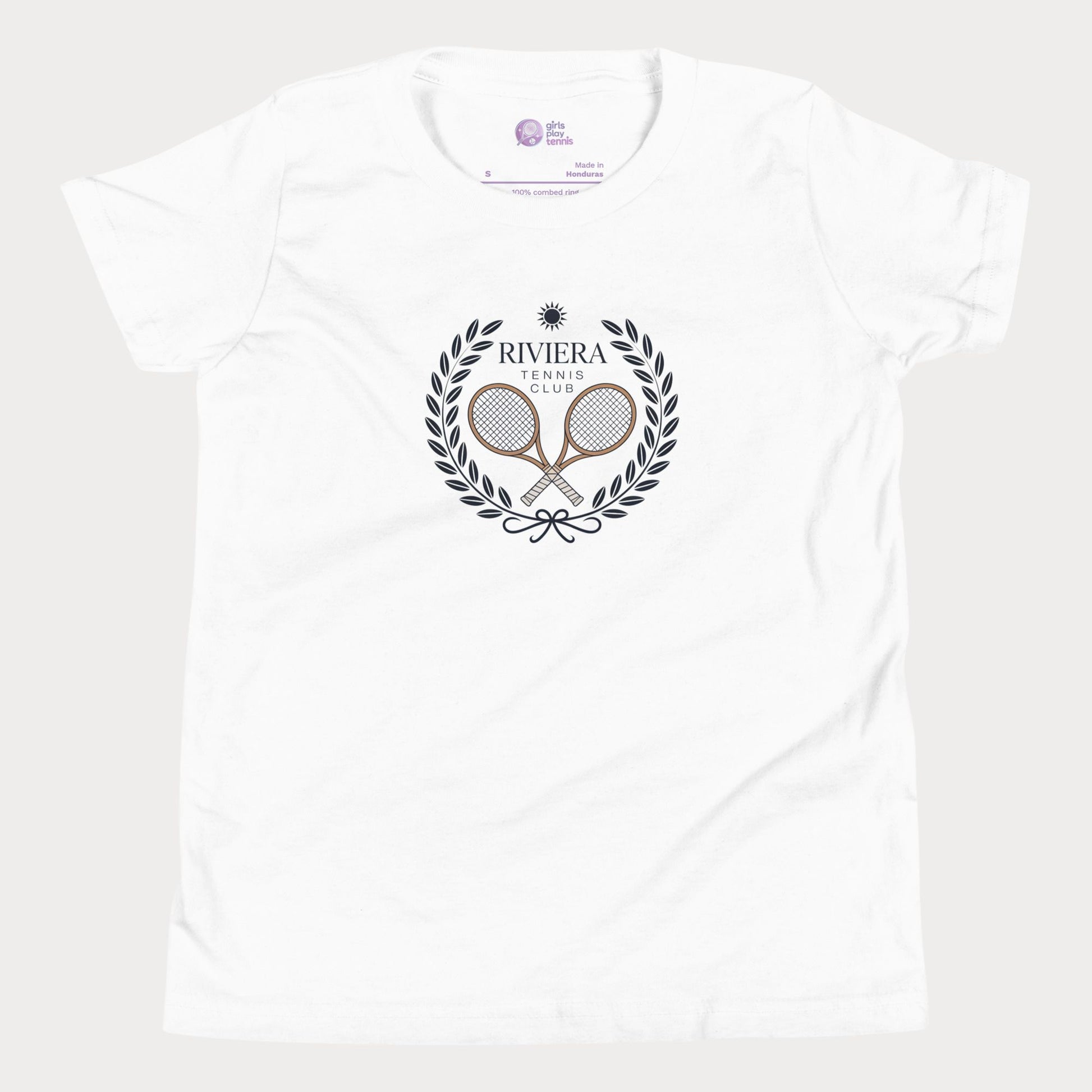 Riviera Tennis Club girls and women’s tennis tee in white with laurel crest graphic premium cotton shirt