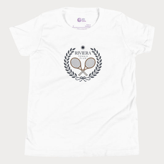 Riviera Tennis Club girls and women’s tennis tee in white with laurel crest graphic premium cotton shirt
