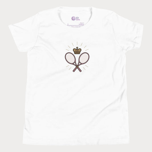 Royal Rallies girls tennis tee with crossed rackets and crown design on soft cotton shirt