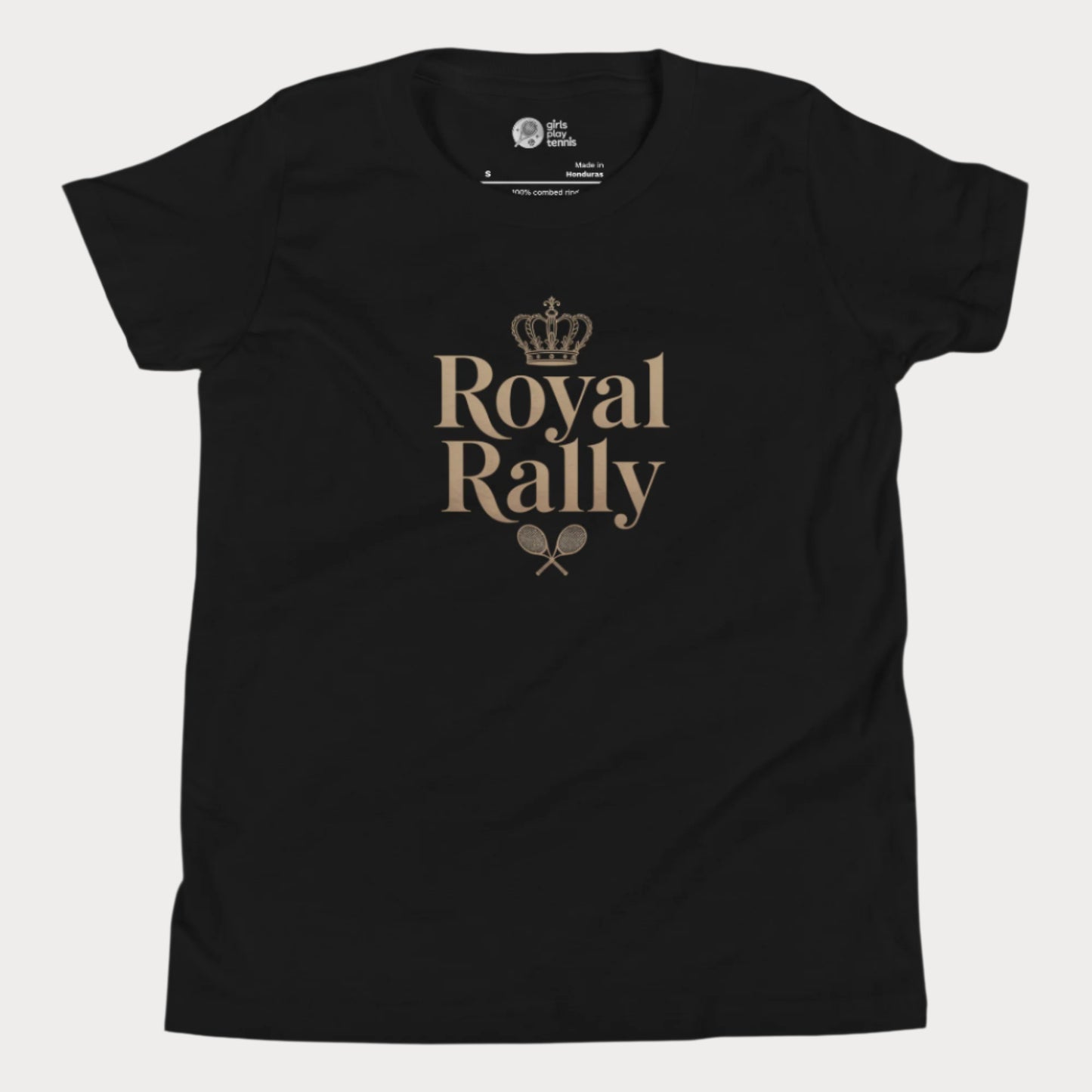 Black girls’ tennis t-shirt with gold “Royal Rally” crown and rackets design 