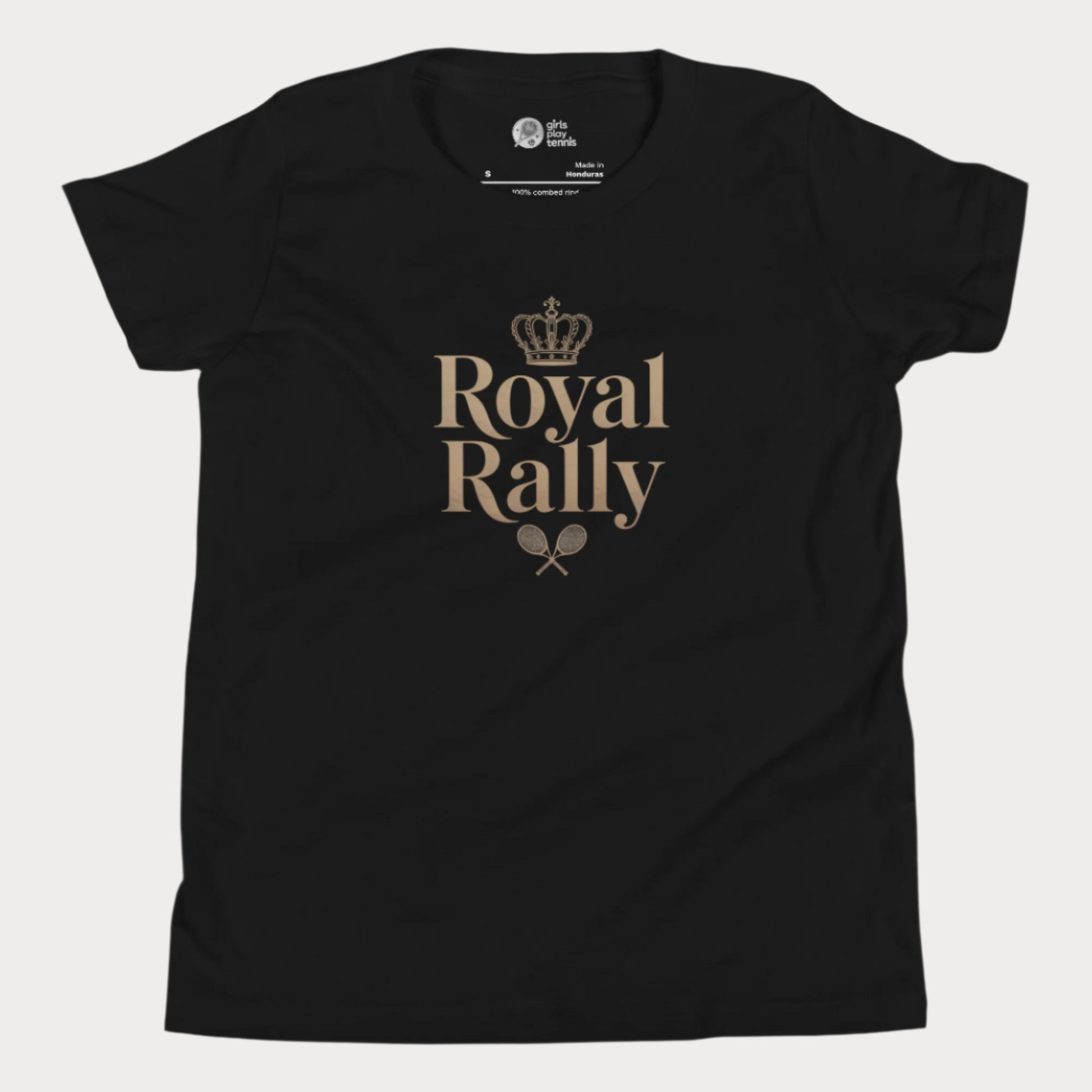 Black girls’ tennis t-shirt with gold “Royal Rally” crown and rackets design 